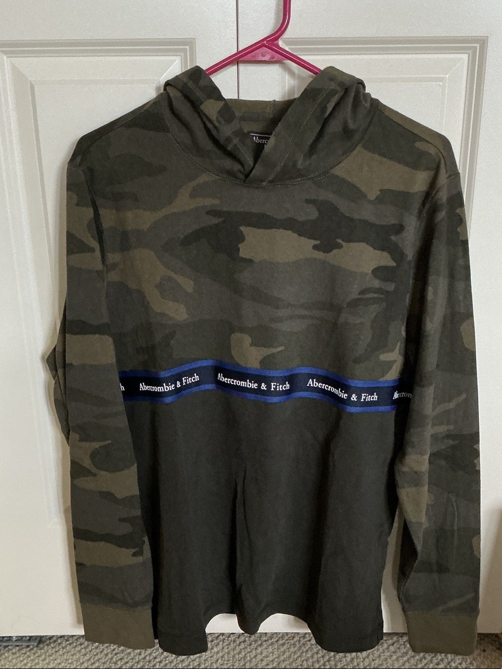 Men’s Abercrombie & Fitch Olive Camo Hoodie with Navy Logo Tape